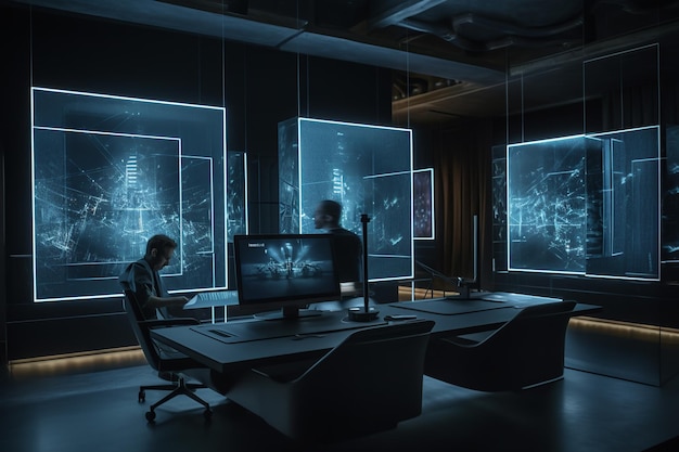 Een kamer met een man die aan een bureau zit voor een muur met schermen waarop 'bioshock' staat
