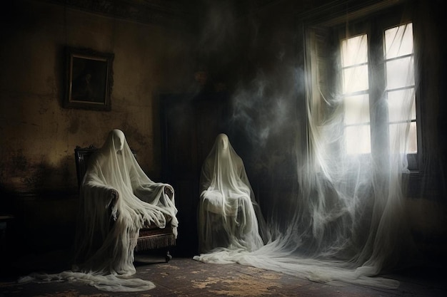 Foto een kamer met een mistige kamer en een schilderij van een geest.