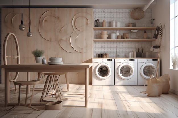 Een kamer met een muur van wasmachine en wasmachine en een houten tafel met een set wasmachine en droger