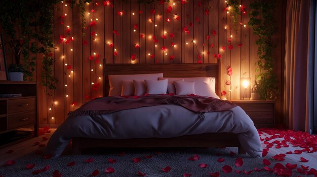 Een kamer met een netjes bed en verspreide roosblaadjes op de vloer.