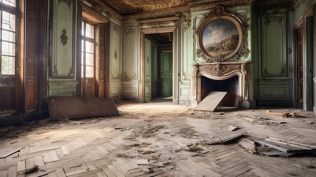 Een kamer met een open haard en een schilderij aan de muur.