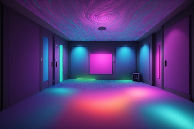 Een kamer met een paarse vloer en een kleurrijk licht aan het plafond.