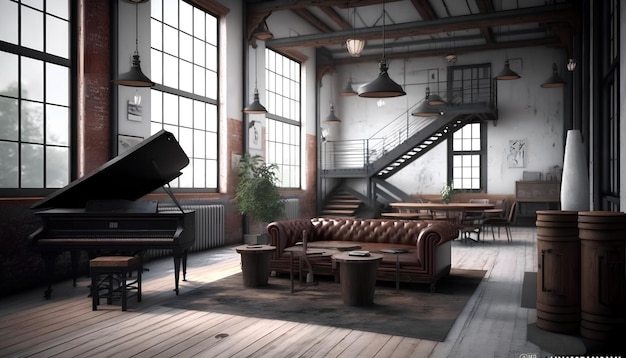 Een kamer met een piano en een groot raam