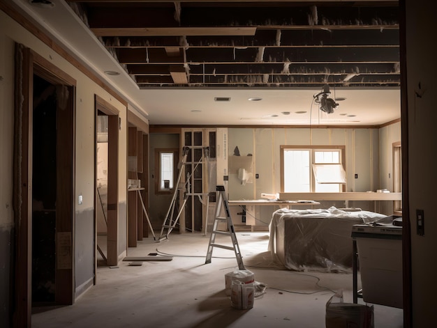 Een kamer met een plafond dat is afgebroken en het plafond wordt afgebroken.