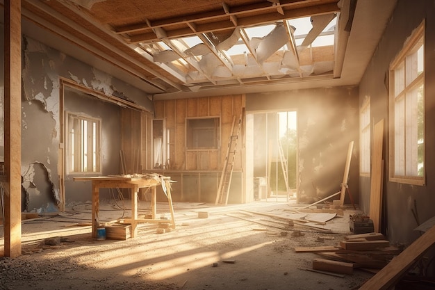 Een kamer met een plafond dat is beschadigd door een storm