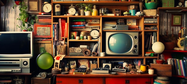 Een kamer met een plank waarop een tv en een klok staan