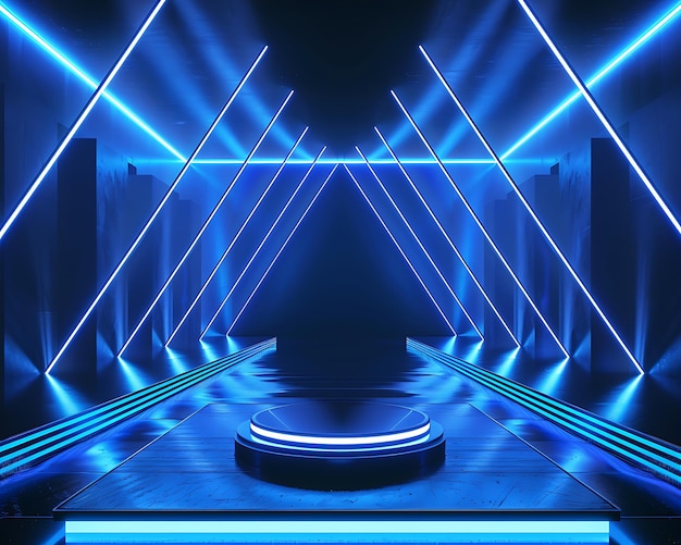 een kamer met een podium met lichten en een cirkel met een cirkel erop