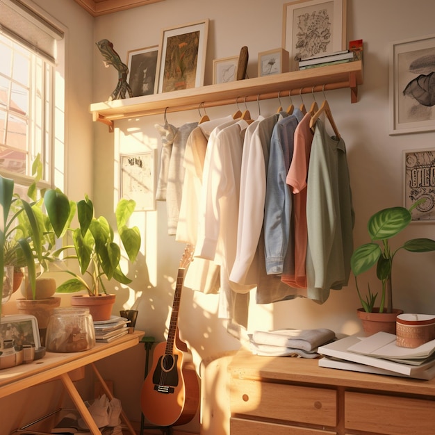 een kamer met een raam, een gitaar, een plant en een raam.