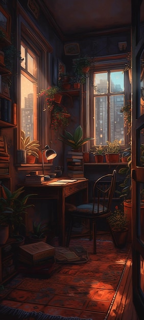 Een kamer met een raam en een bureau met planten erop