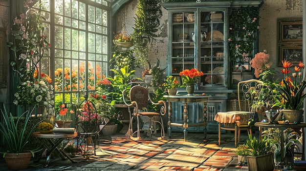 een kamer met een raam en een tuin met een tafel en stoelen