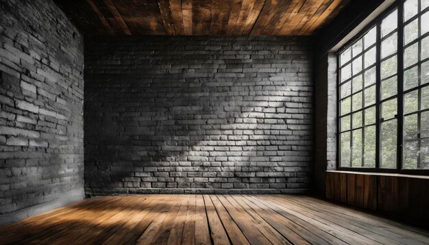 Een kamer met een raam en een zwarte bakstenen muur gladde bruine houten vloer de kamer is leeg en het raam laat het zonlicht binnen