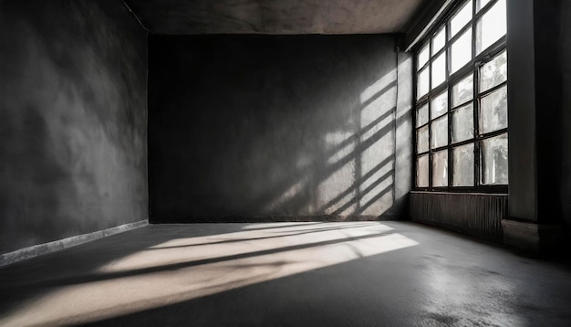 Een kamer met een raam en een zwarte ruwe gipsmuur gladde betonnen vloer de kamer is leeg en het raam laat het zonlicht binnen