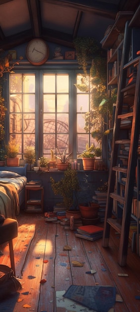Een kamer met een raam en planten erop