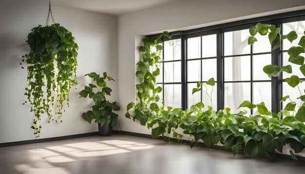 een kamer met een raam met planten aan de muur en een raam met de zon die door de ramen schijnt