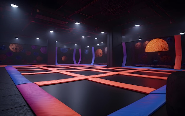 Een kamer met een rode en blauwe mat waarop staat 'de bounce zone'