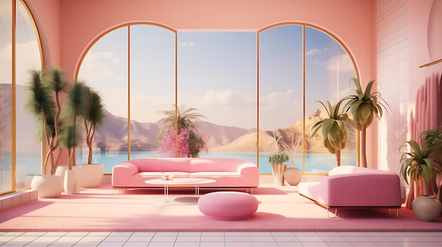 een kamer met een roze bank, glazen ramen en een zwembad Generatieve AI