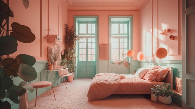 Een kamer met een roze muur en groene meubels