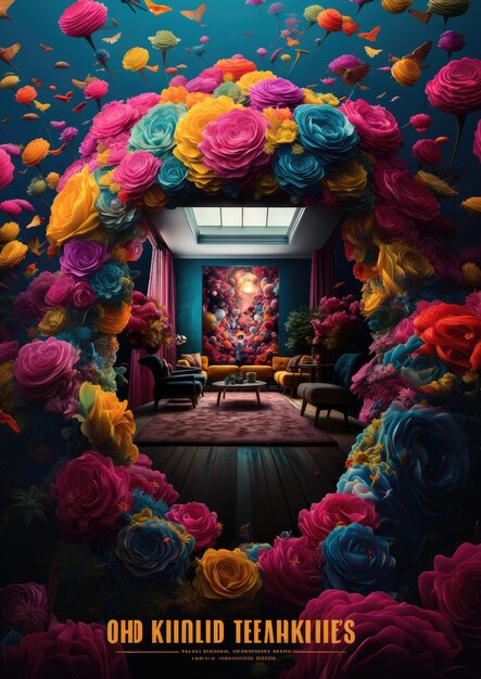 een kamer met een schilderij van bloemen en een schilderije van een kamer met Een groot schilderij