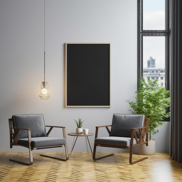 Een kamer met een schoolbord aan de muur en twee stoelen ervoor.