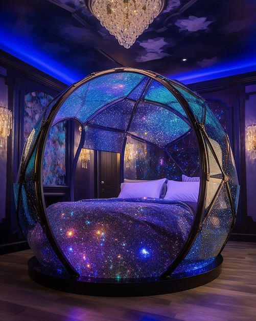 Een kamer met een starburst bed en een kroonluchter aan het plafond.