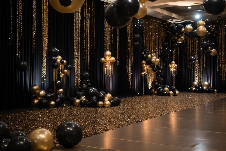 Foto een kamer met een stel ballonnen en een gouden en zwarte