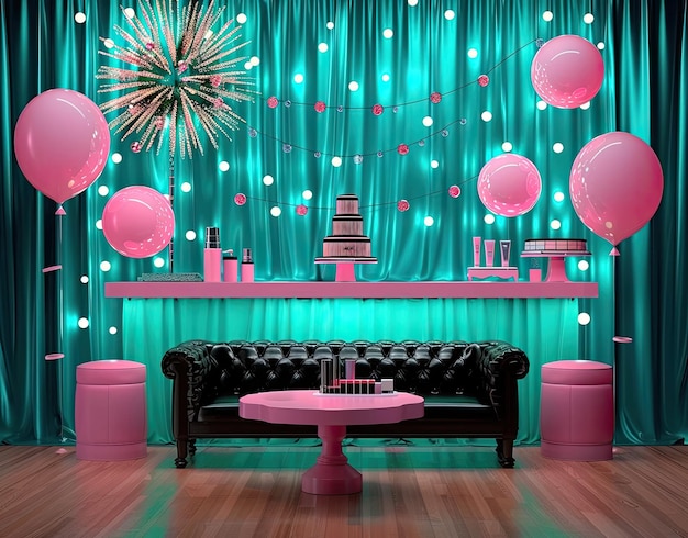 een kamer met een tafel en een taartstand met ballonnen erop
