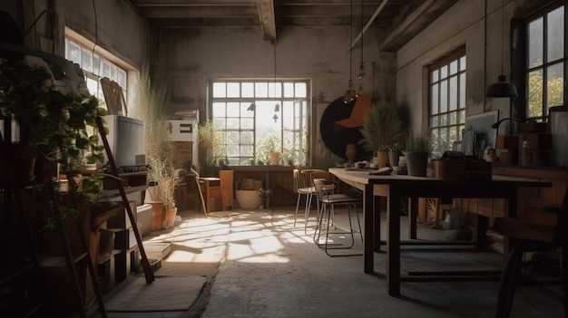 Een kamer met een tafel en stoelen en een groot raam met planten erop.