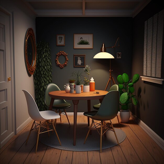 Een kamer met een tafel en stoelen en een lamp met een afbeelding van een plant erop.