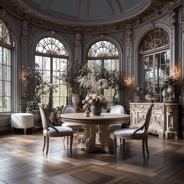 een kamer met een tafel en stoelen en een vaas met bloemen erop