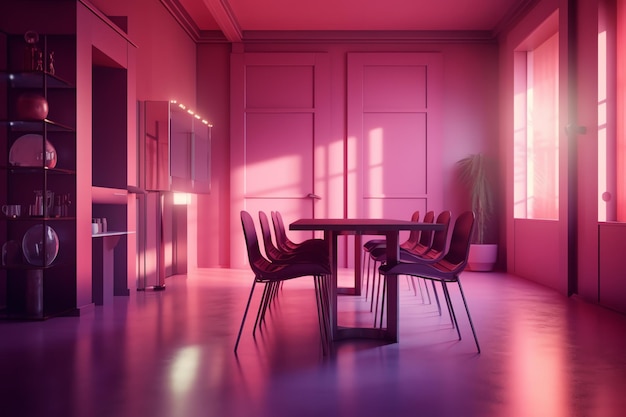 Een kamer met een tafel en stoelen in roze en een raam waar het licht op schijnt.