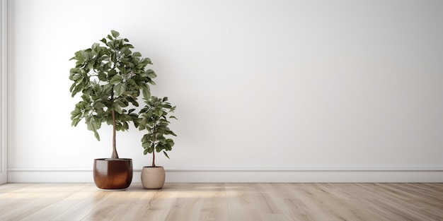 Een kamer met een witte muur en twee planten erop