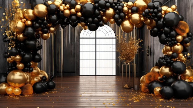 Een kamer met een zwart en goud thema met een grote ballonboog en een zwart en goud decoratie.