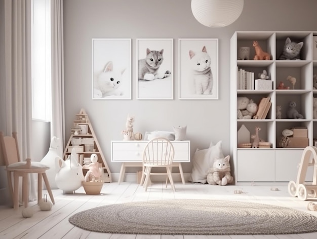 Een kamer met foto's van katten en een plank met een boekenkast.