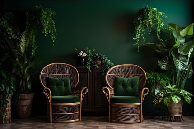 Een kamer met groene muren en stoelen met groen en een groene achtergrond.