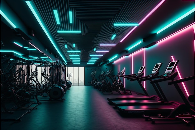 een kamer met neonlichten en een sportschool met de woorden "gym" op de muur.