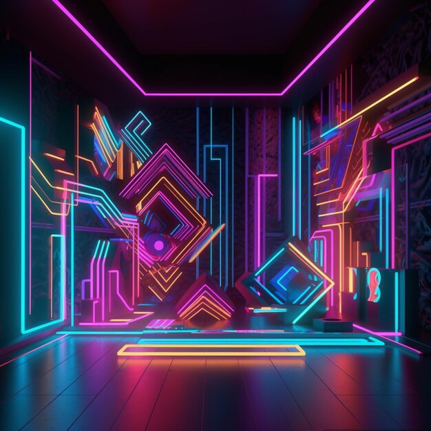 een kamer met neonverlichting en een houten vloer generatieve ai