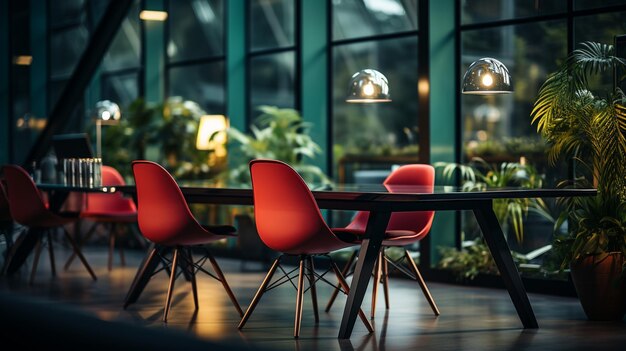 Een kamer met rode stoelen en een groene plant.