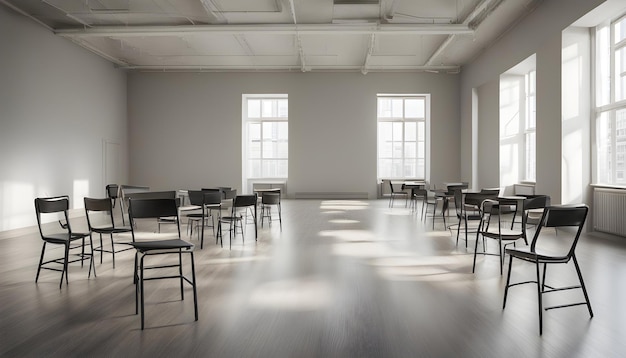 een kamer met stoelen en tafels met een die zegt niemand