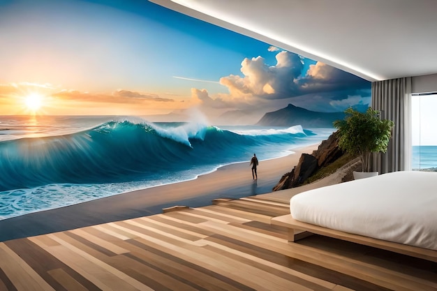 Een kamer met uitzicht en een strandtafereel