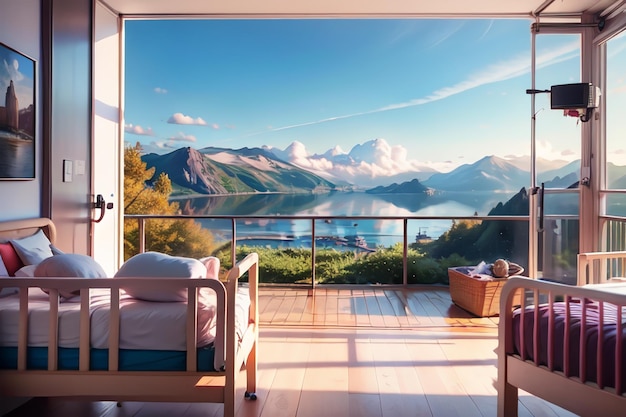Een kamer met uitzicht op de bergen en de zee.