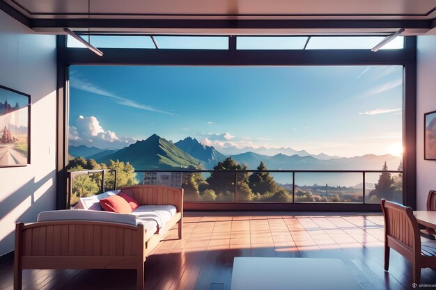 Een kamer met uitzicht op de bergen en een bed met een kussen erop