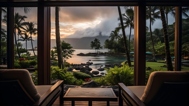 een kamer met uitzicht op de oceaan en de palmbomen. Uitzicht vanuit het raam vanuit het resortraam