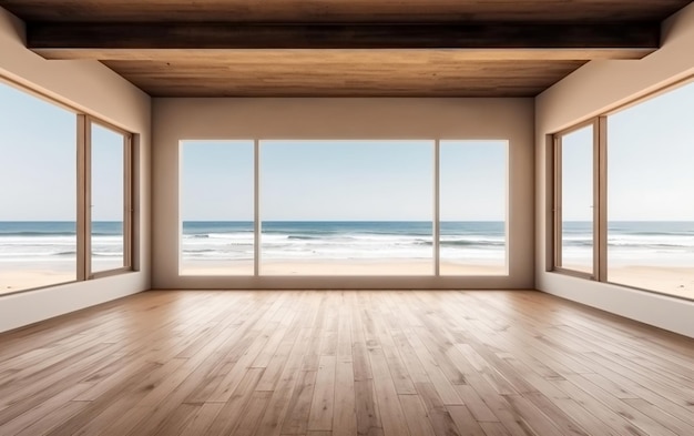 Een kamer met uitzicht op de oceaan en een houten vloer