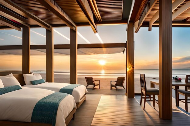 Een kamer met uitzicht op de oceaan en een zonsondergang