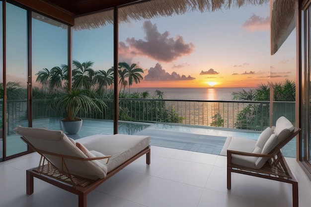 Een kamer met uitzicht op de oceaan en palmbomen
