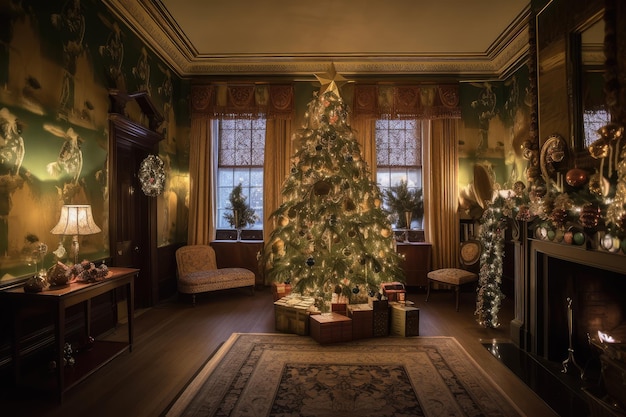 Een kamer met uitzicht op de prachtig versierde kerstboom