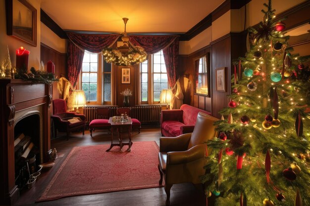 Een kamer met uitzicht op de prachtig versierde kerstboom