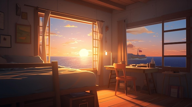 Een kamer met uitzicht op de zee en de zon