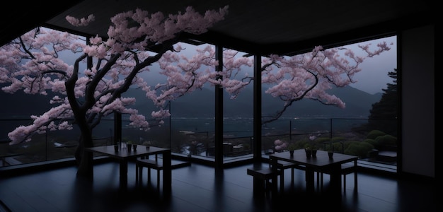 Een kamer met uitzicht op een boom met roze bloemen erop