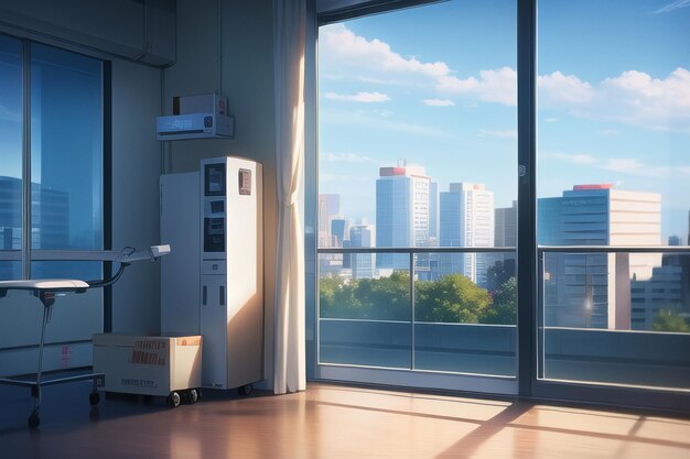 Een kamer met uitzicht op een stad en een raam waarop "het woord" staat
